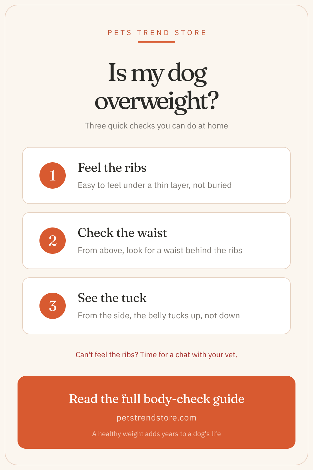 Three at-home checks for whether a dog is overweight: feel the ribs, check the waist, see the tuck